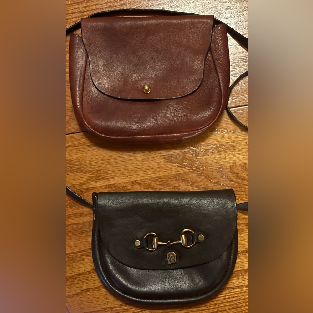 Black Leather  bag with gold horsebit trim and brown leather bag to wear on belt